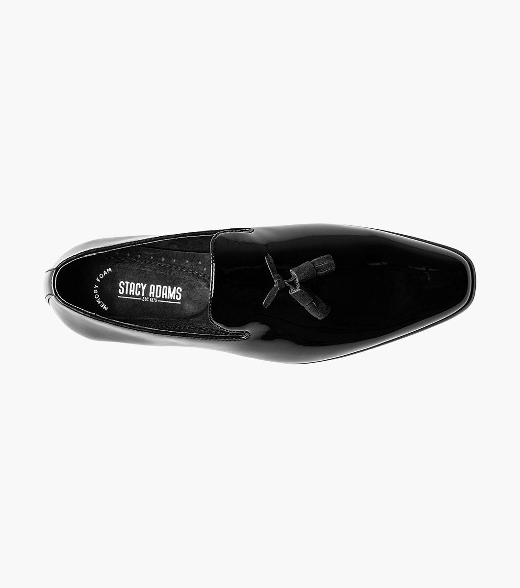 Stacy Adams Phoenix black patent tassel slip-on dress shoe rear angle