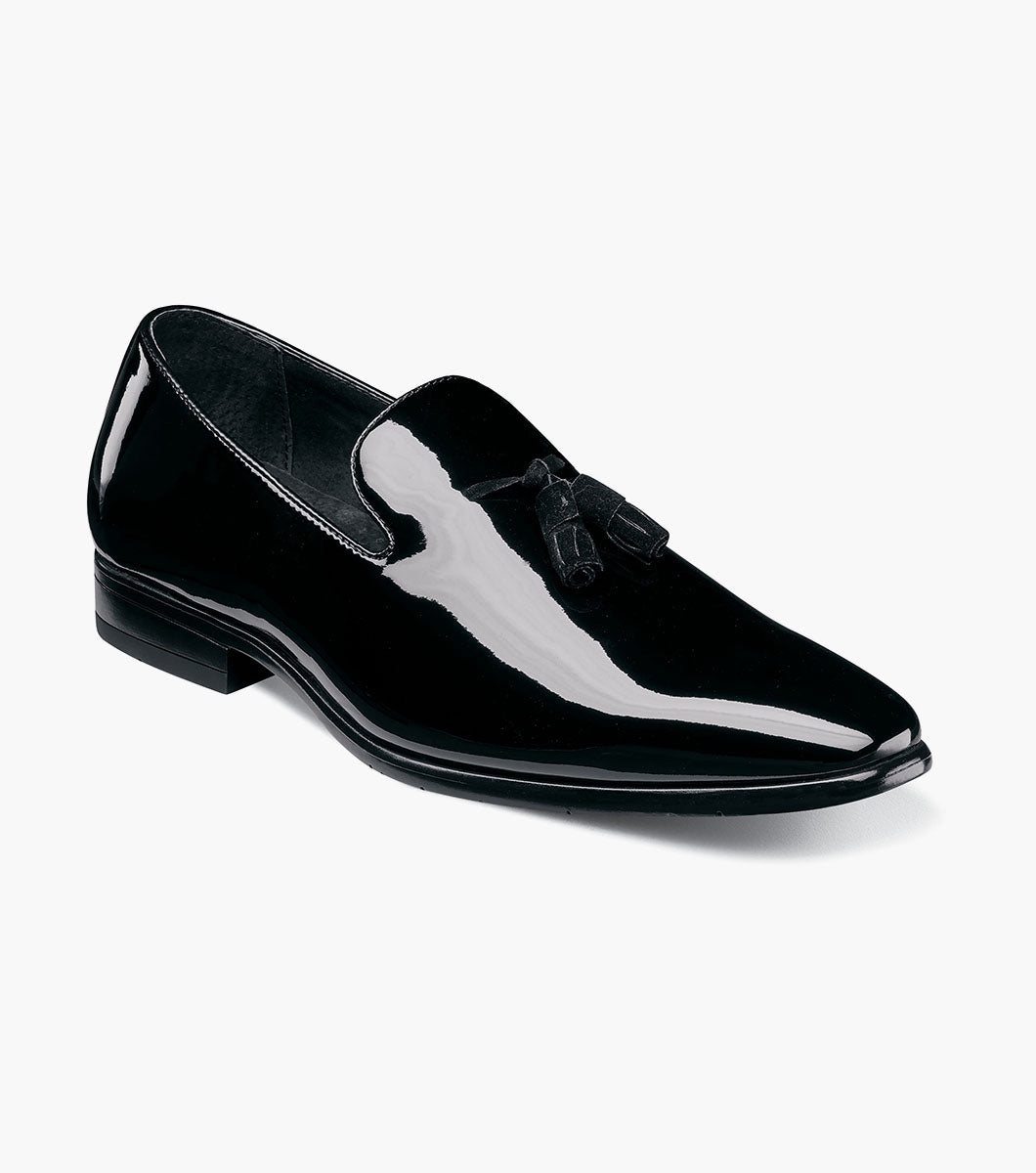 Stacy Adams Phoenix black patent tassel slip-on dress shoe front view