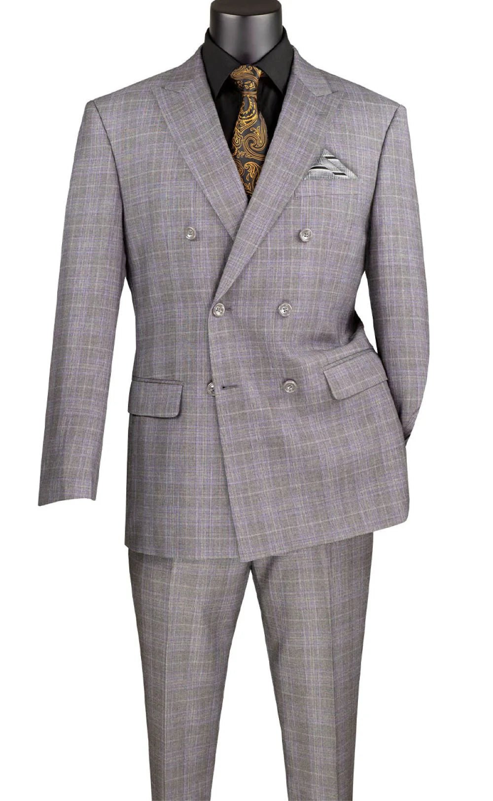 Bellagio Collection – Gray Regular Fit Glen Plaid Double-Breasted Suit - Upscale Men's Fashion