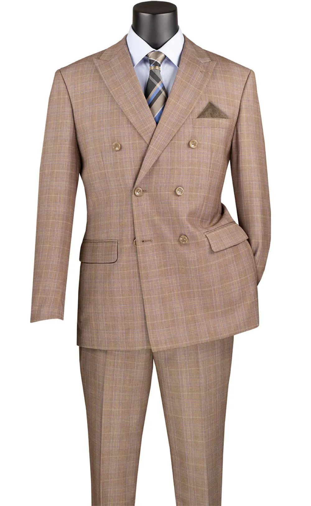 Bellagio Collection – Tan Regular Fit Glen Plaid Double-Breasted Suit - Upscale Men's Fashion