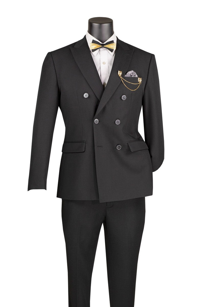 Black Slim Fit Stretch Double Breasted 2 Piece Suit - Bellarco Collection
