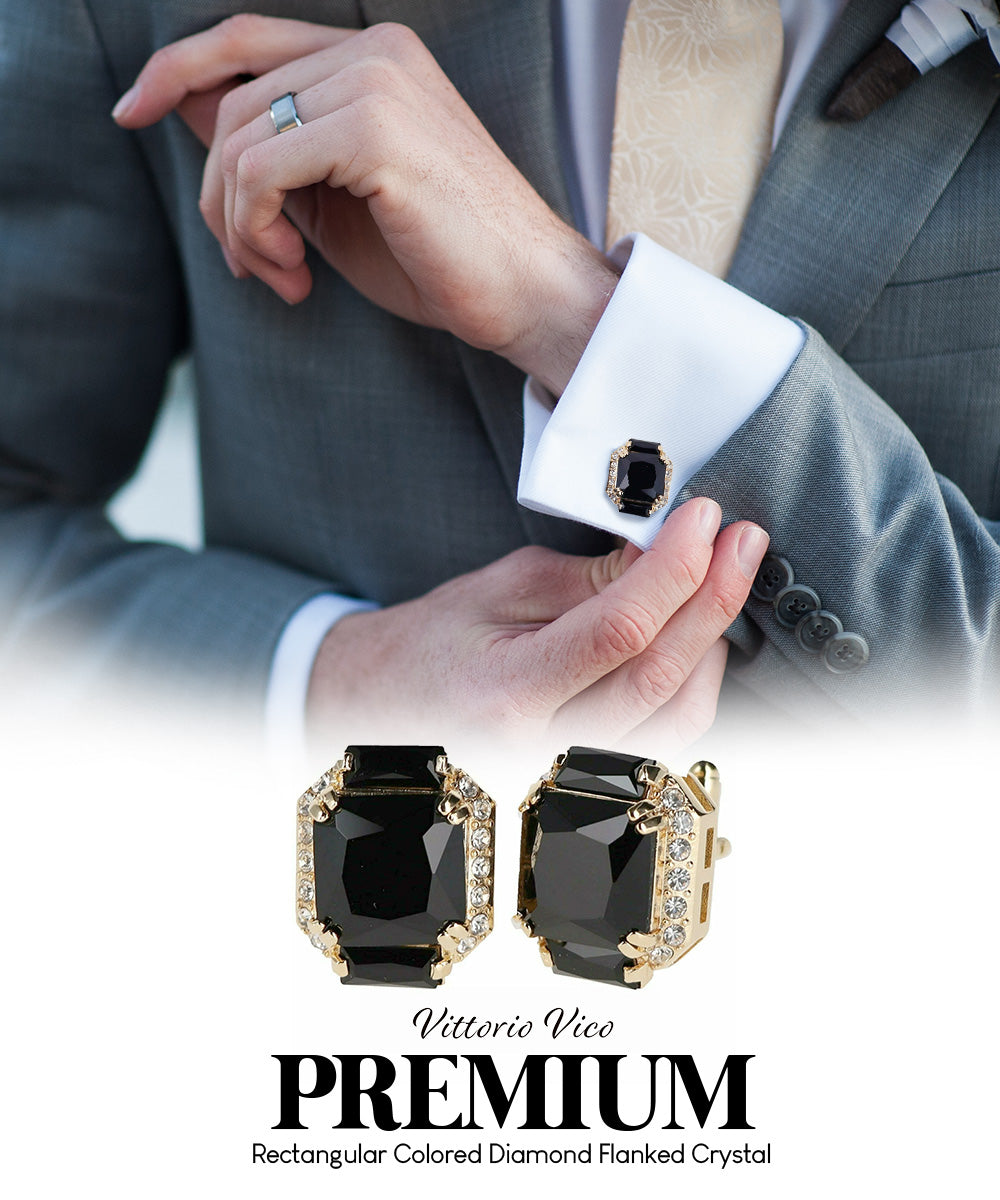 Vittorio Vico – Rectangular Diamond-Flanked Crystal Cufflinks