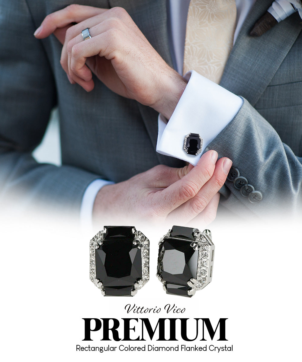 Vittorio Vico – Rectangular Diamond-Flanked Crystal Cufflinks