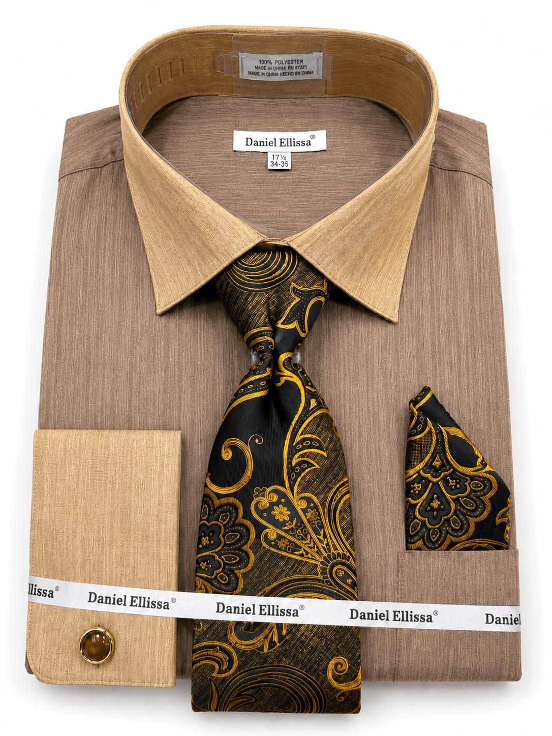 Men’s Brown Textured Dress Shirt Set with Tie & Pocket Square, 17–17.5 Neck – 34/35 Sleeve