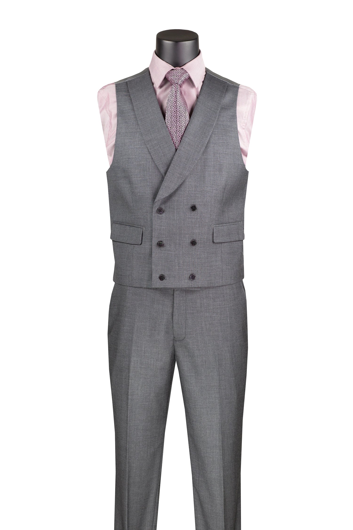 Charcoal modern fit 3-piece suit shown with lapel vest and pants, no jacket