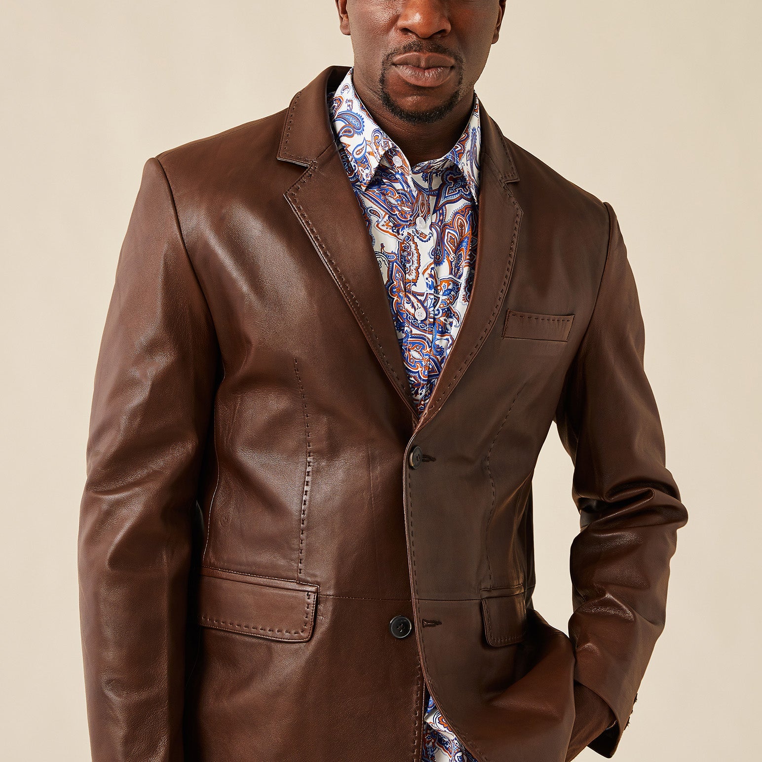 Cognac Men’s 100% lamb leather blazer in pine green – modern fit luxury jacket from Upscale Men’s Fashion.