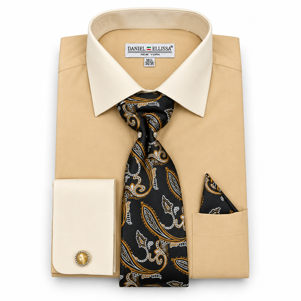 Daniel Ellissa DS3829P2 beige two-tone French cuff dress shirt set on white background