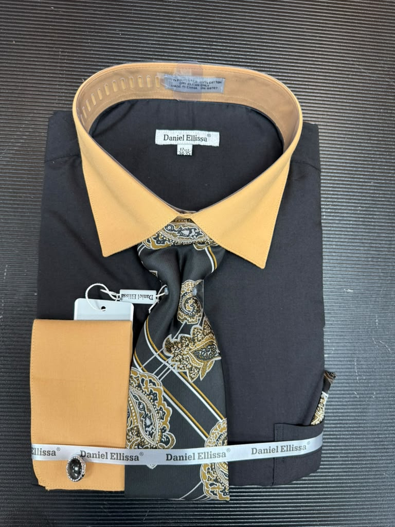 Daniel Ellissa DS3829P2 black and taupe two-tone French cuff dress shirt set