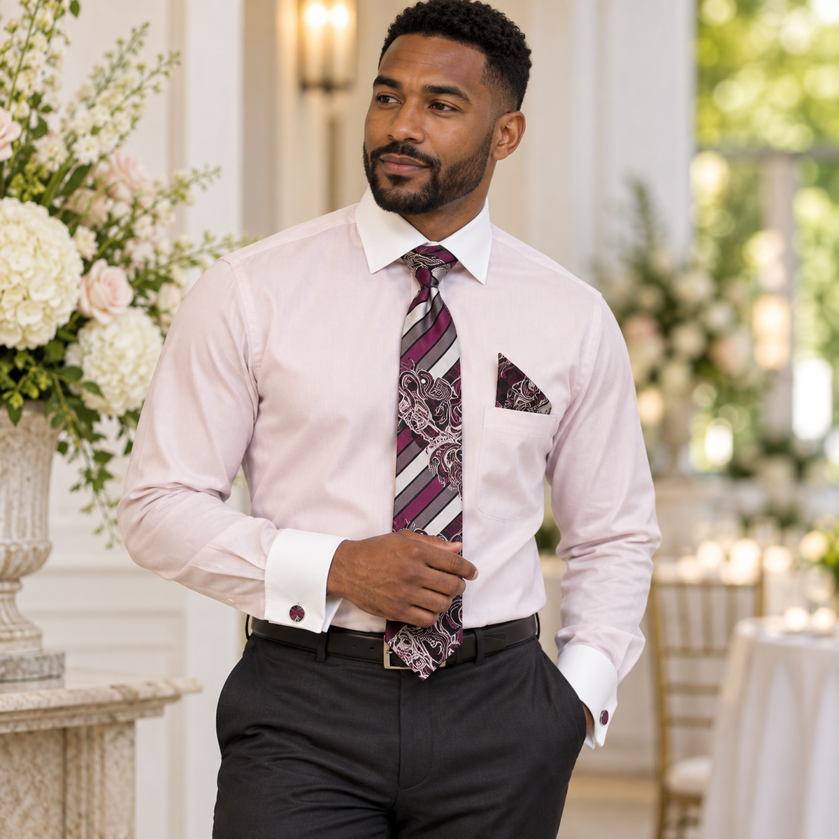 Man wearing the blush Daniel Ellissa DS3829P2 two-tone French cuff dress shirt set