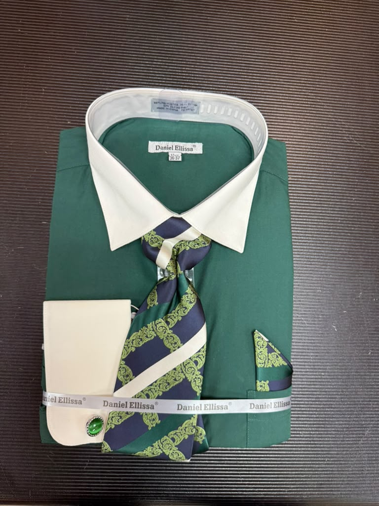 Daniel Ellissa DS3829P2 hunter green two-tone French cuff dress shirt set