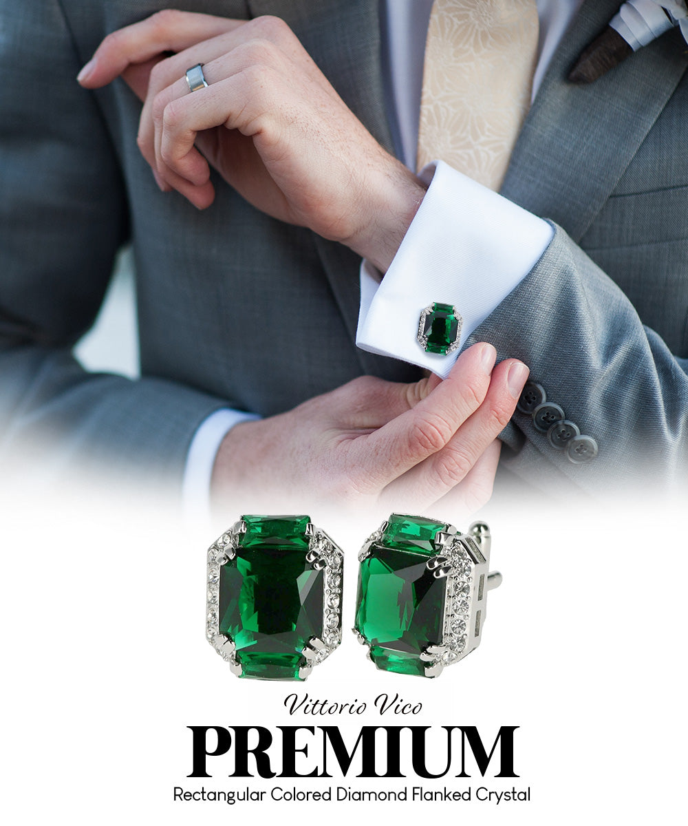 Vittorio Vico – Rectangular Diamond-Flanked Crystal Cufflinks