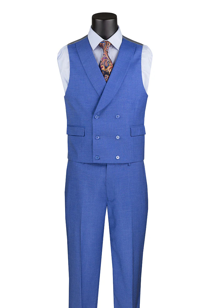 French blue modern fit 3-piece suit shown with lapel vest and pants, no jacket
