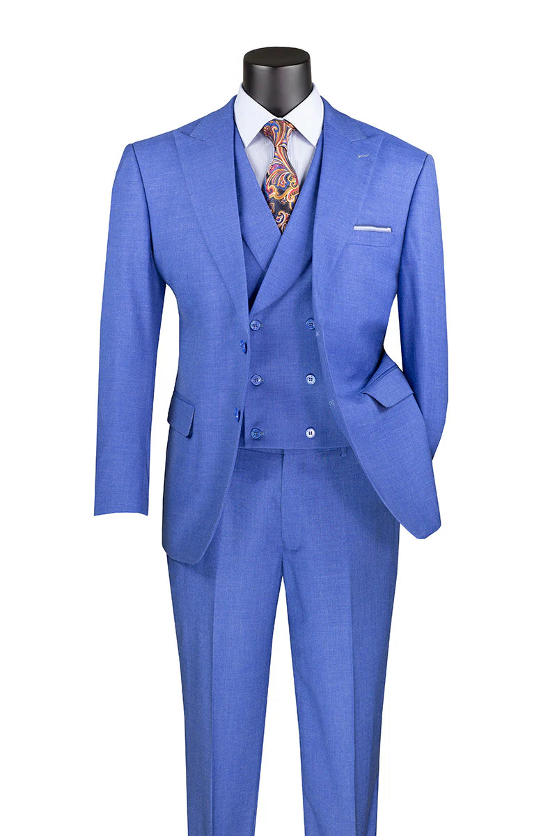 French blue modern fit 3-piece suit with lapel vest, notch lapel jacket, and adjustable waistband pants