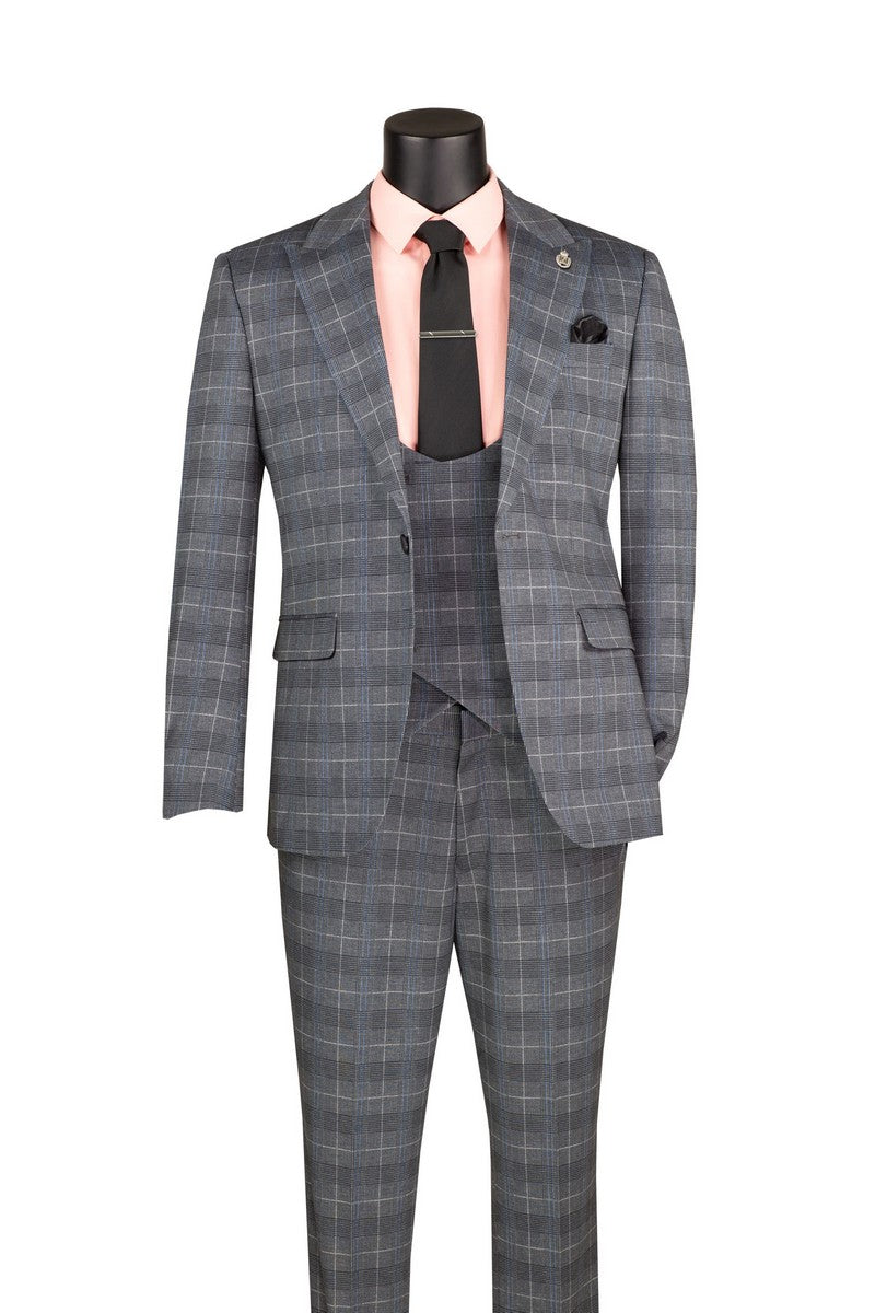 Gray Glen Plaid Slim Fit 3 Piece Suit for Men – Peak Lapel Stretch Suit – Savoy Collection