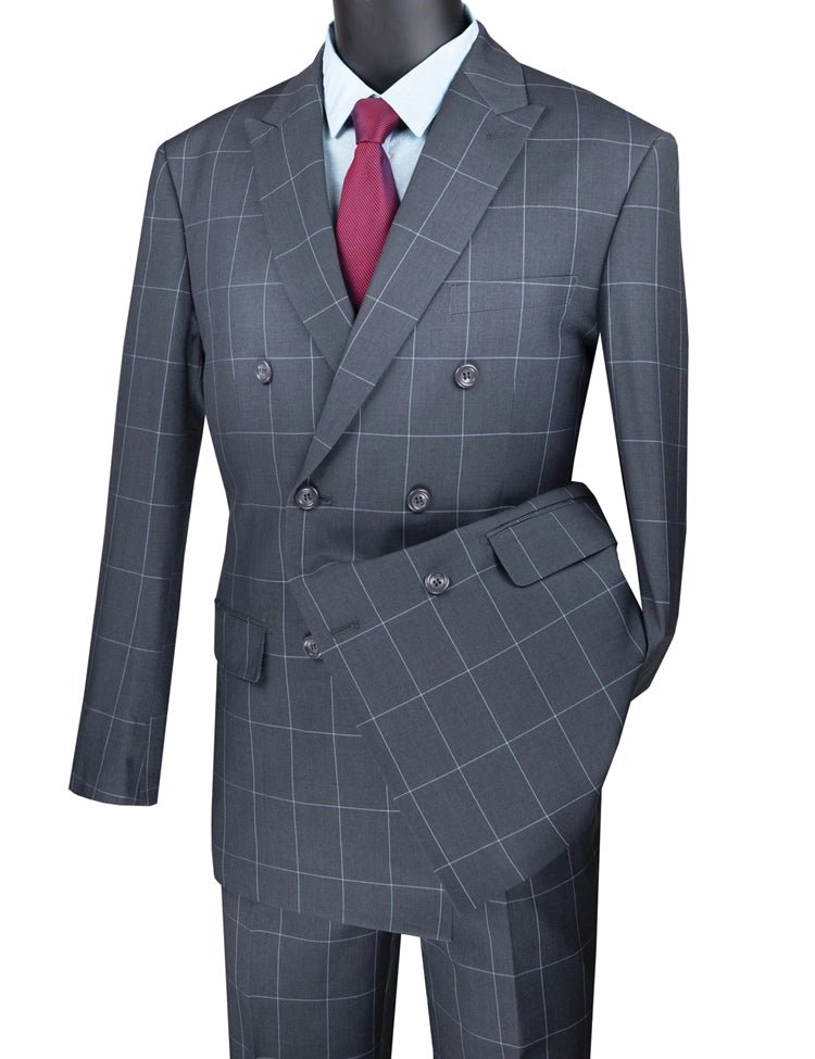 Verona Collection – Gray Modern Fit Double-Breasted Windowpane Suit - Upscale Men's Fashion