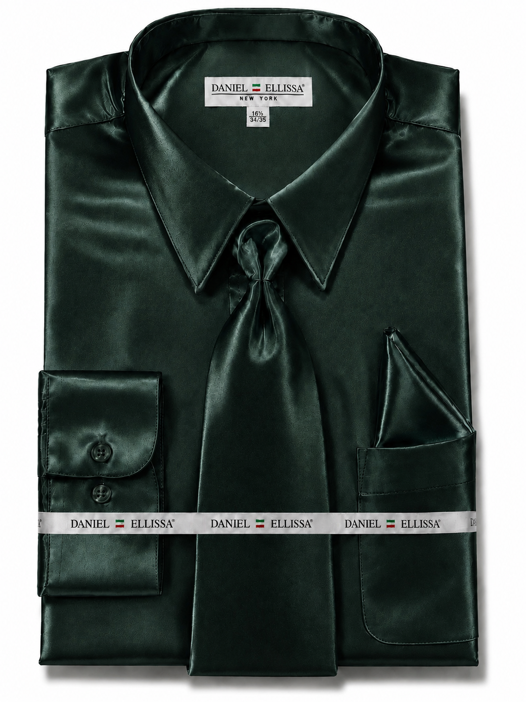 Hunter Green Satin Dress Shirt Set with Matching Tie & Pocket Square