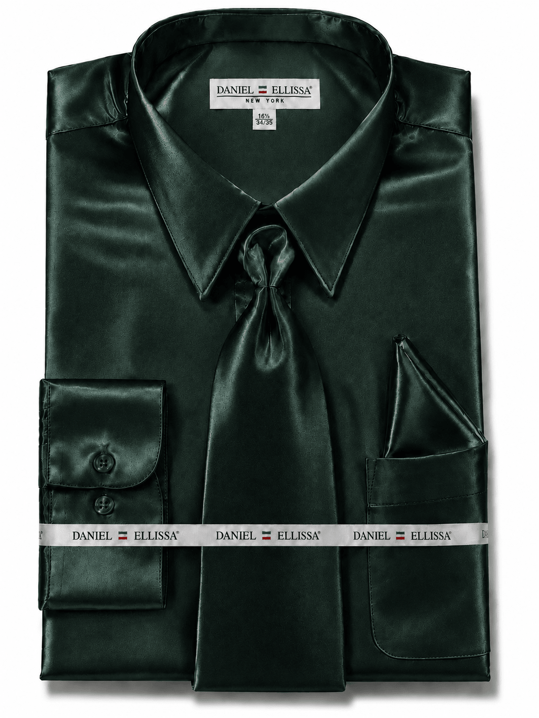 Hunter Green Satin Dress Shirt Set with Matching Tie & Pocket Square, 2X-Large (Neck 18-18 ½ Sleeves 36/37)