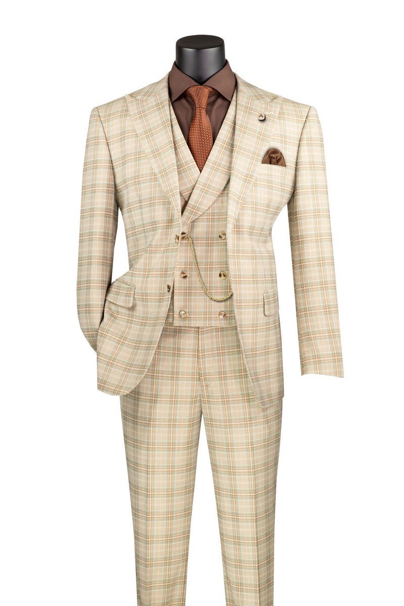 Khaki Modern Fit Windowpane 3-Piece Suit – Montavero Collection - Upscale Men's Fashion