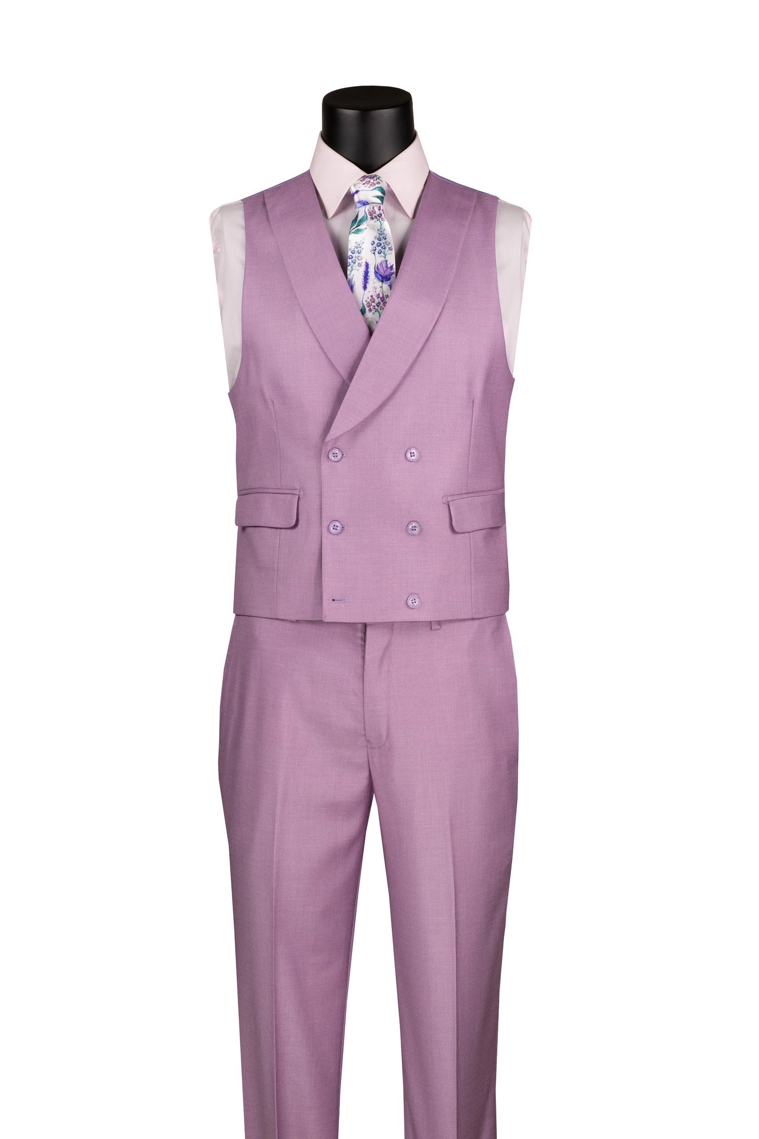 Lavender modern fit 3-piece suit shown with lapel vest and pants, no jacket