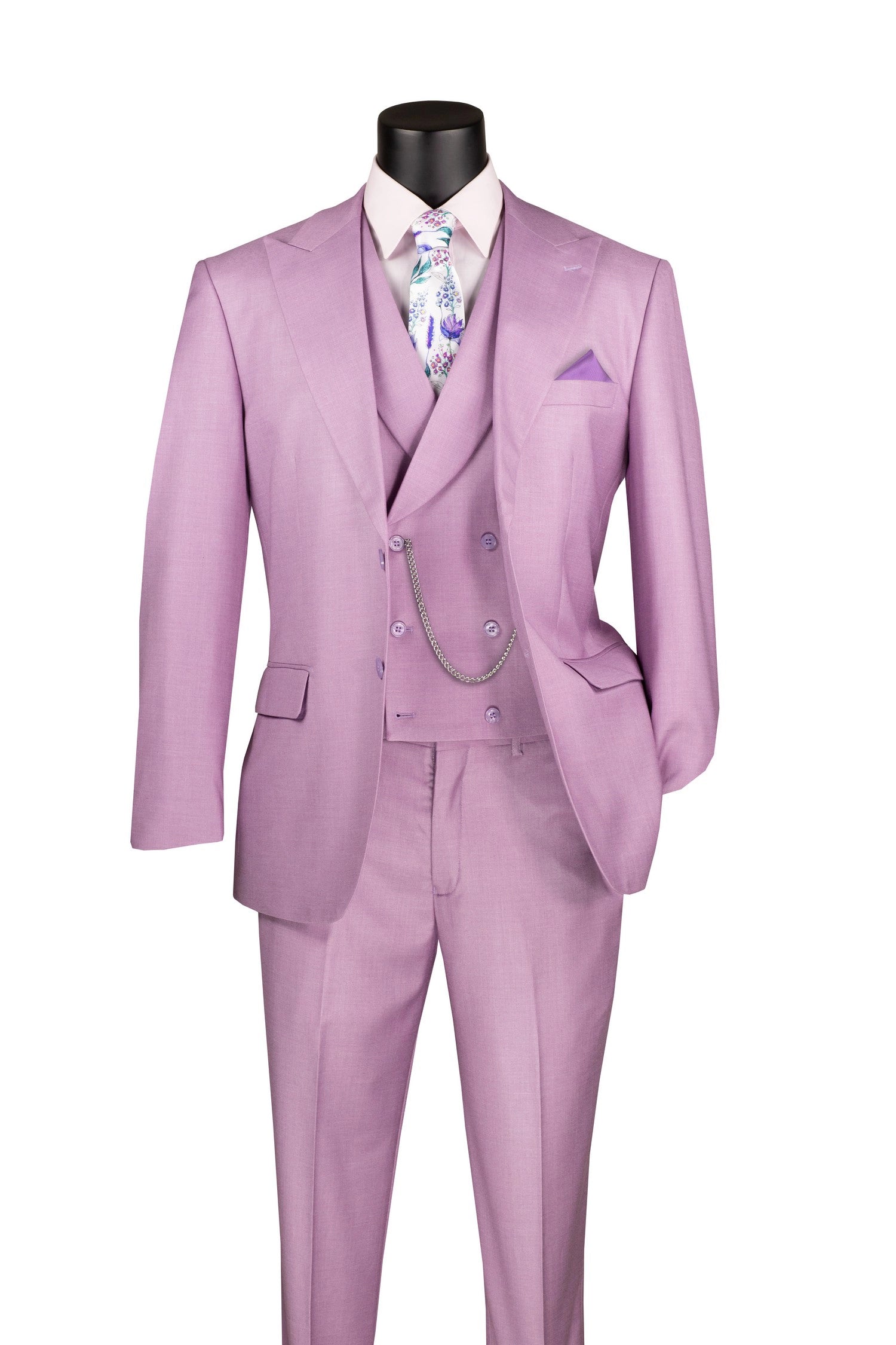 Lavender modern fit 3-piece suit with lapel vest, notch lapel jacket, and adjustable waistband pants