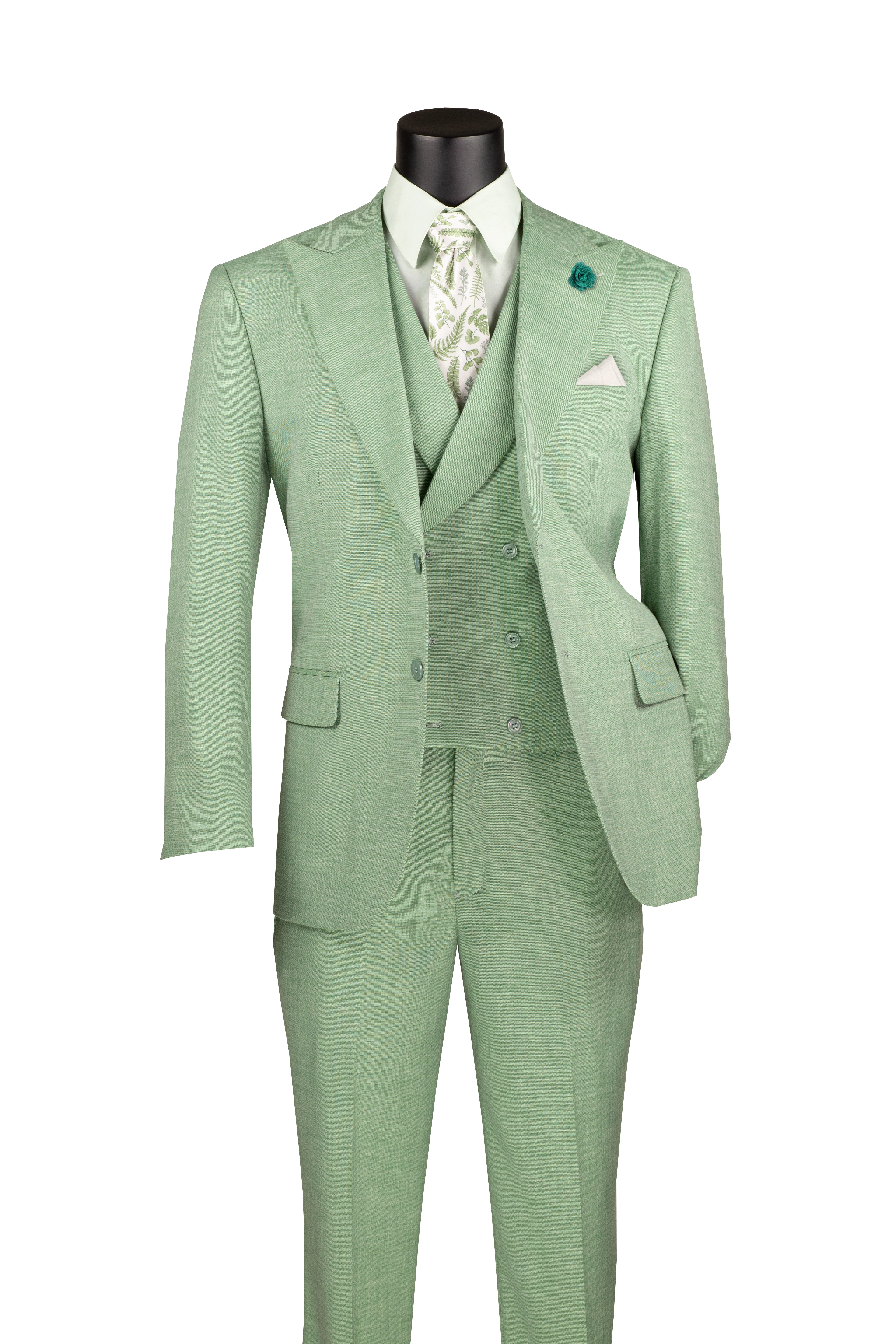 Light Green modern fit 3-piece suit with lapel vest, notch lapel jacket, and adjustable waistband pants