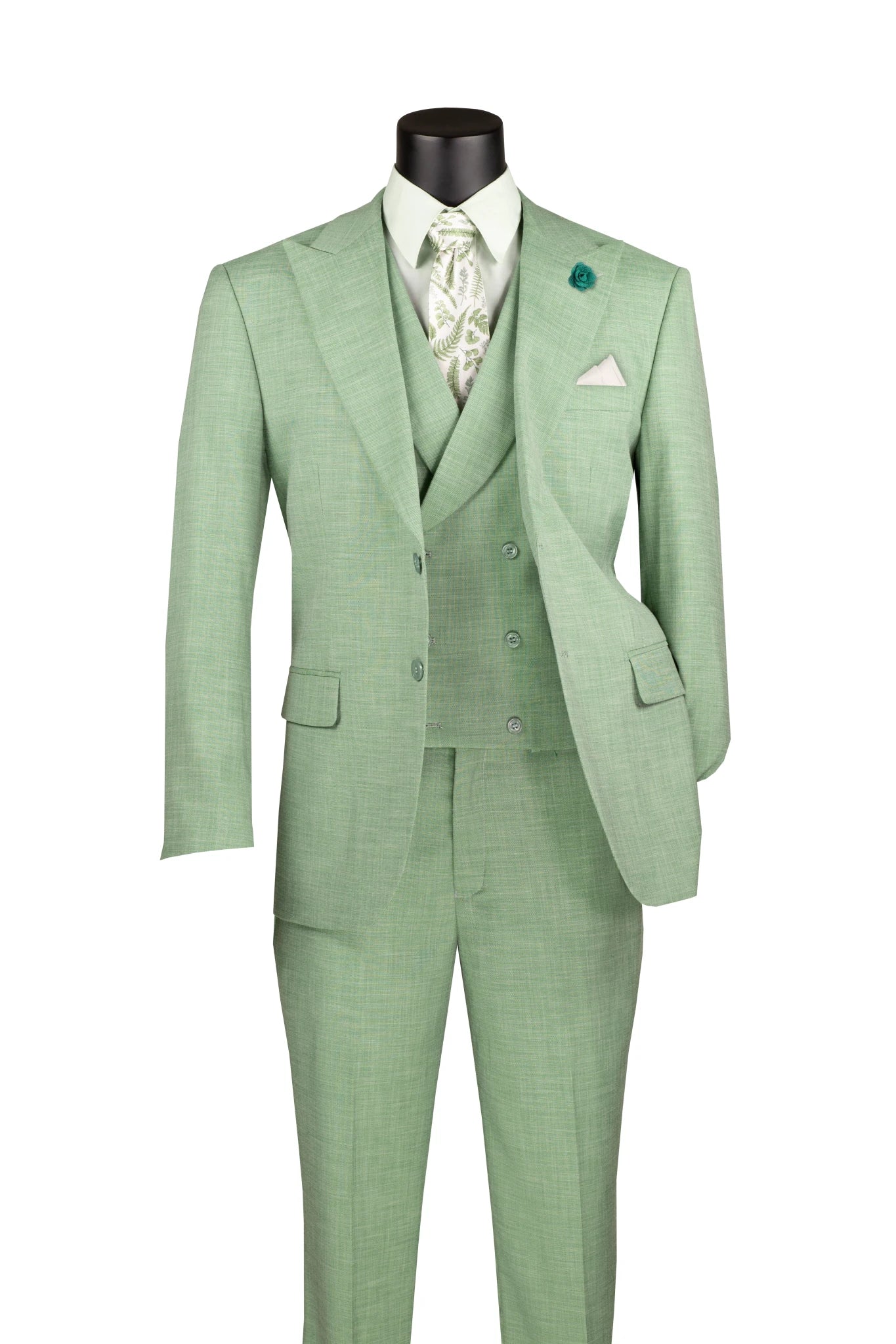 Vellaro Collection-Light Green Modern Fit 3-Piece Suit with Lapel Vest & Adjustable Pants - Upscale Men's Fashion