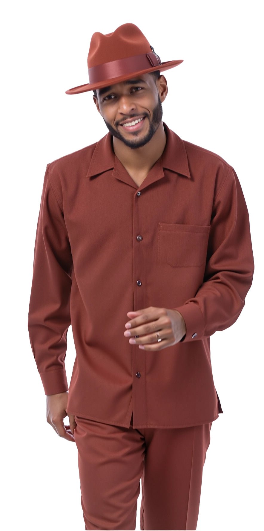 Montique Men's 2 Piece Long Sleeve Walking Suit Solid Cognac - Upscale Men's Fashion
