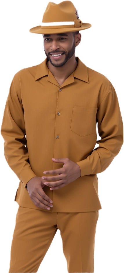 Montique Men's 2 Piece Long Sleeve Walking Suit Solid Gold - Upscale Men's Fashion