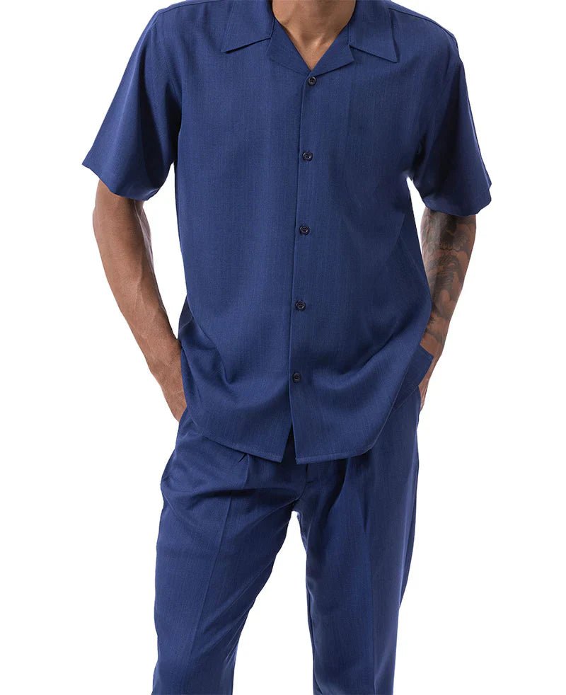 Montique Men's 2 Piece Short Sleeve Walking Suit Solid Navy - Upscale Men's Fashion