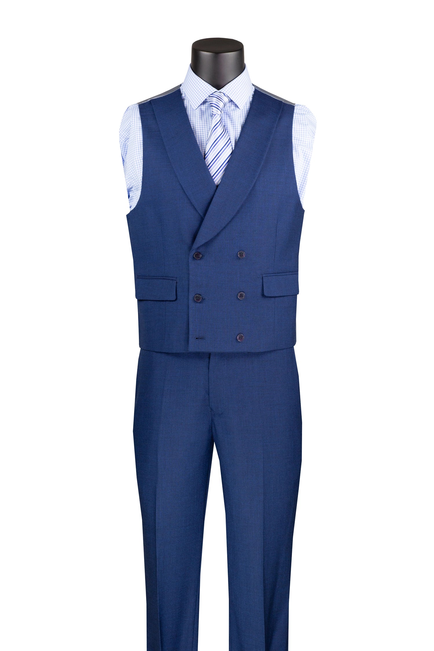 Navy modern fit 3-piece suit shown with lapel vest and pants, no jacket