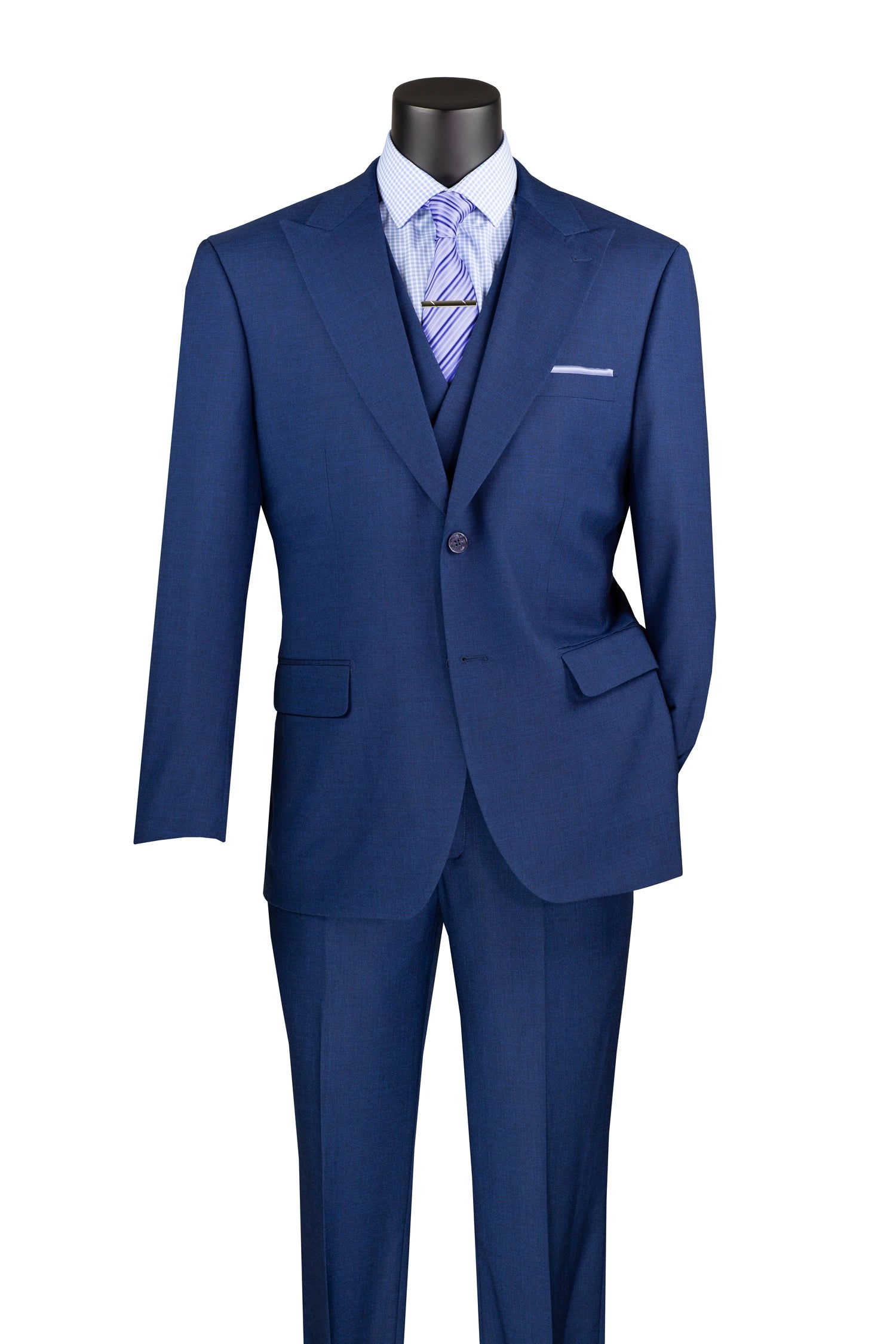 Navy modern fit 3-piece suit shown with lapel vest and pants