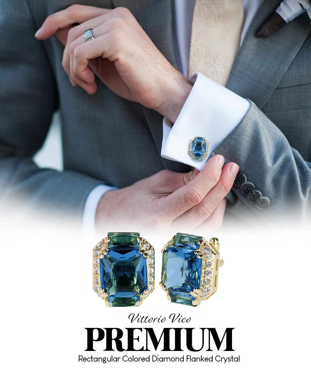 Vittorio Vico – Rectangular Diamond-Flanked Crystal Cufflinks