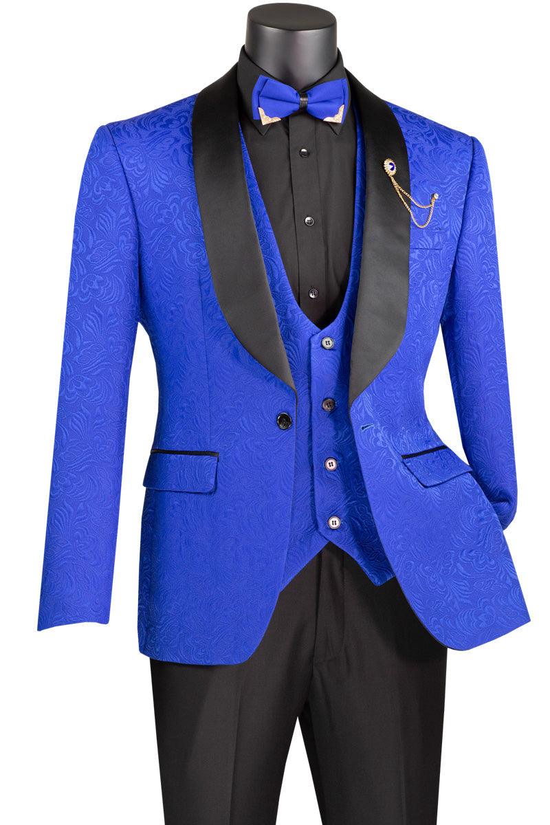 Tuxedo - Royal Blue Jaquard Three Piece Slim Fit Tuxedo