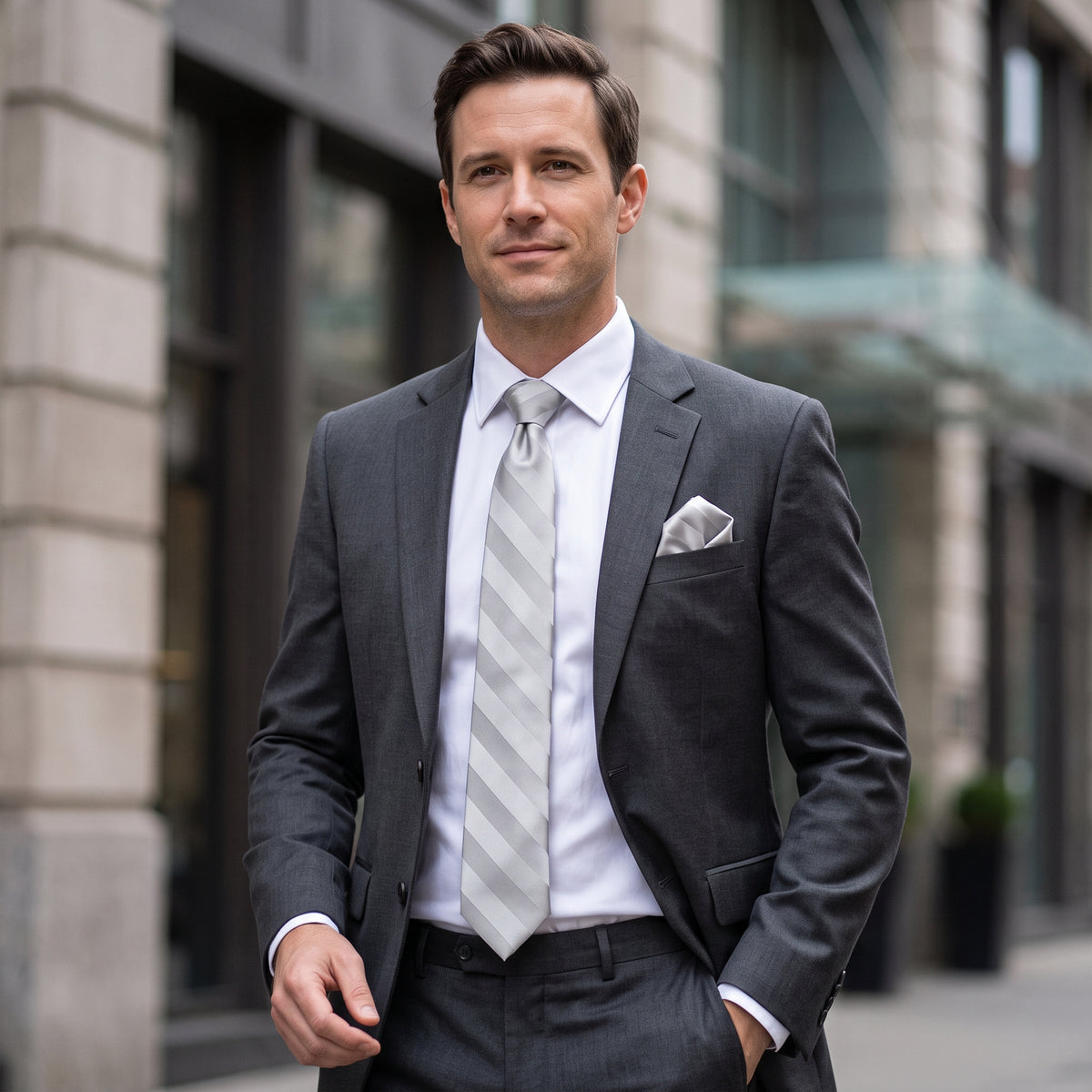 Stacy Adams Liam silver tonal stripe tie and pocket square set – outdoor styling