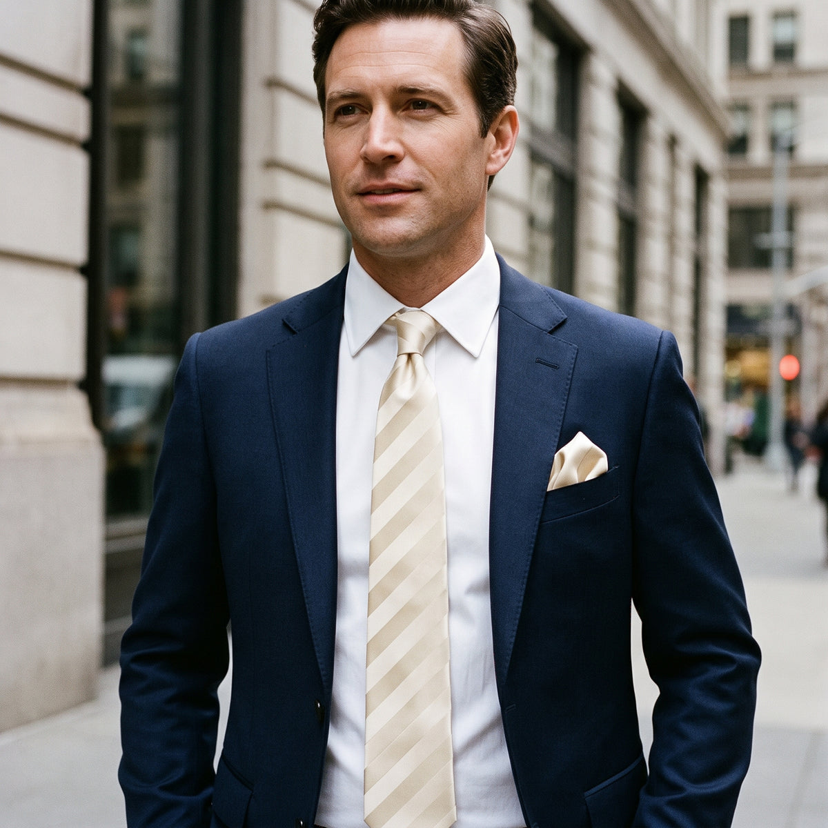 Stacy Adams Liam ivory tonal stripe tie and pocket square set – outdoor styling