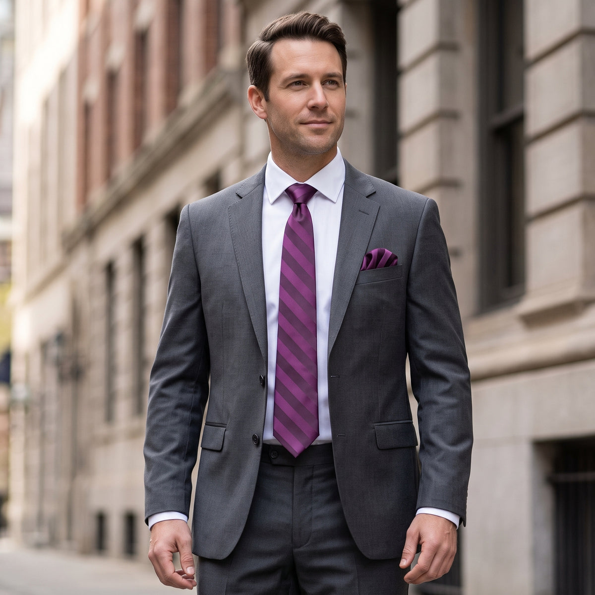 Stacy Adams Liam plum tonal stripe tie and pocket square set – outdoor styling