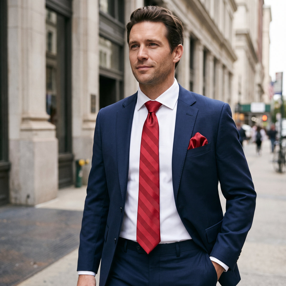Stacy Adams Liam red tonal stripe tie and pocket square set – outdoor styling