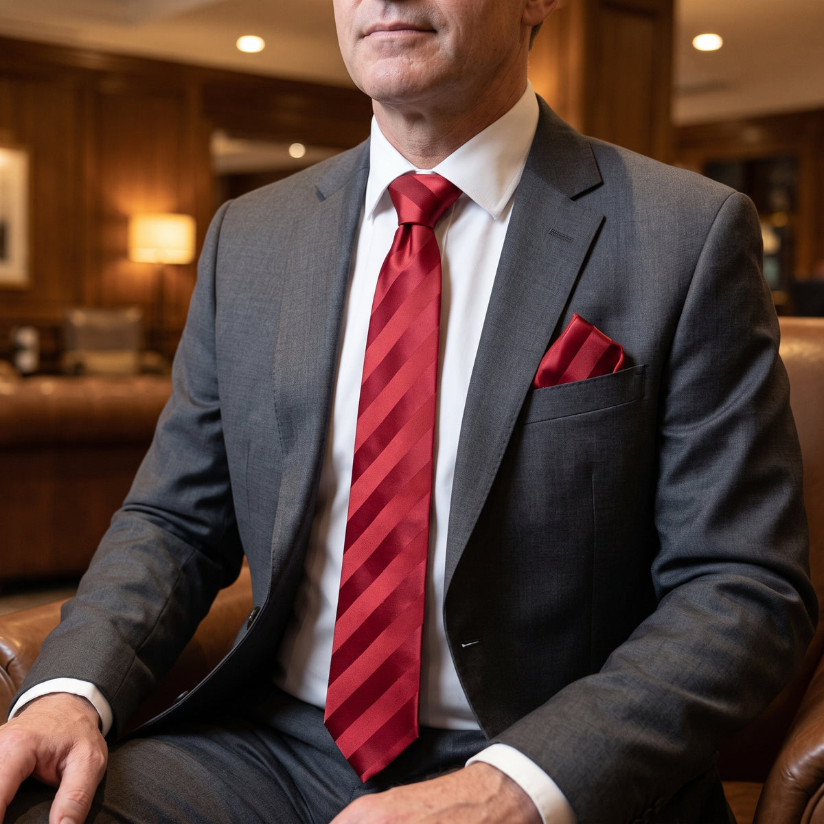 Stacy Adams Liam red tonal stripe tie and pocket square set – indoor styling