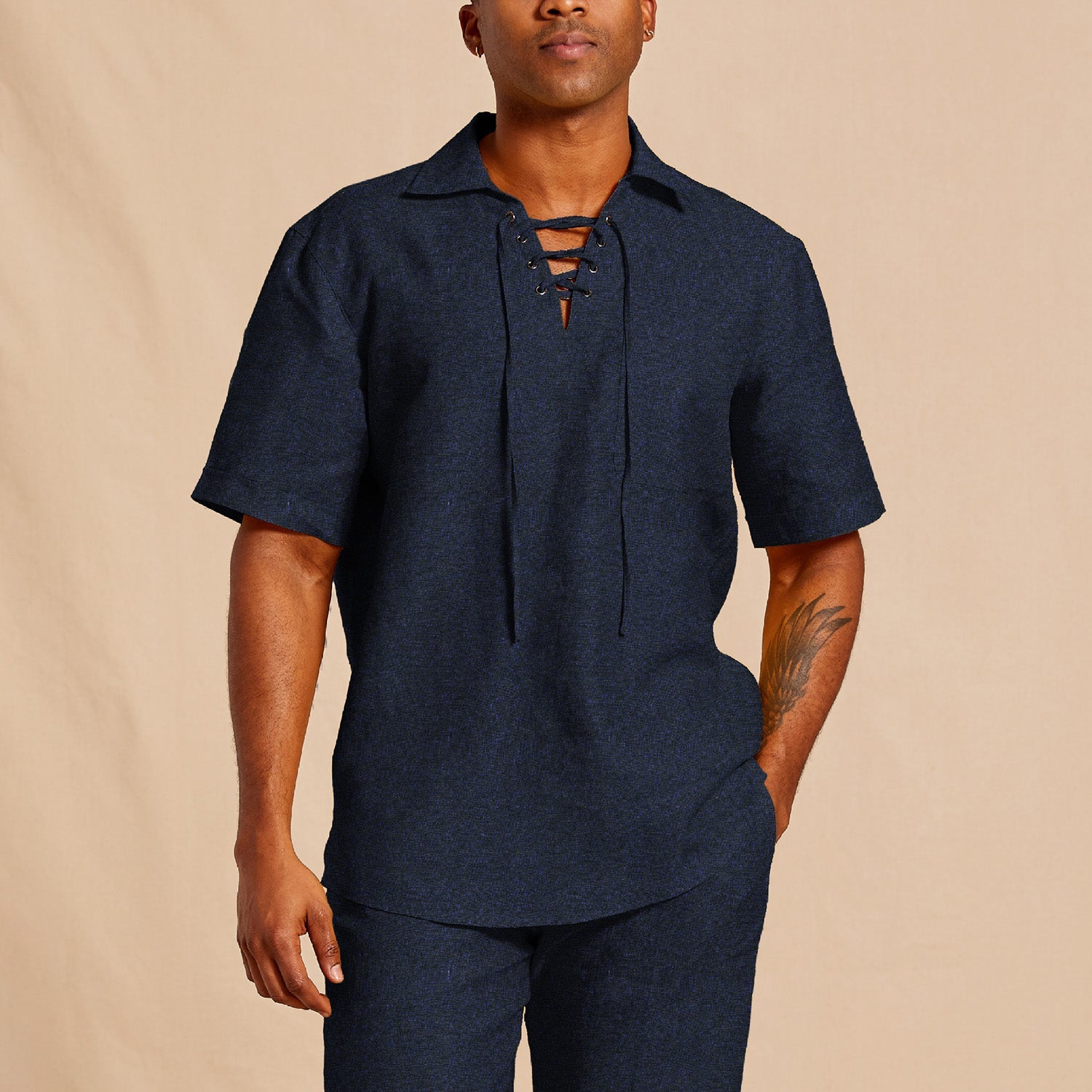 Men's 100% Linen Lace-Up Strap Pullover Shirt – Short Sleeve