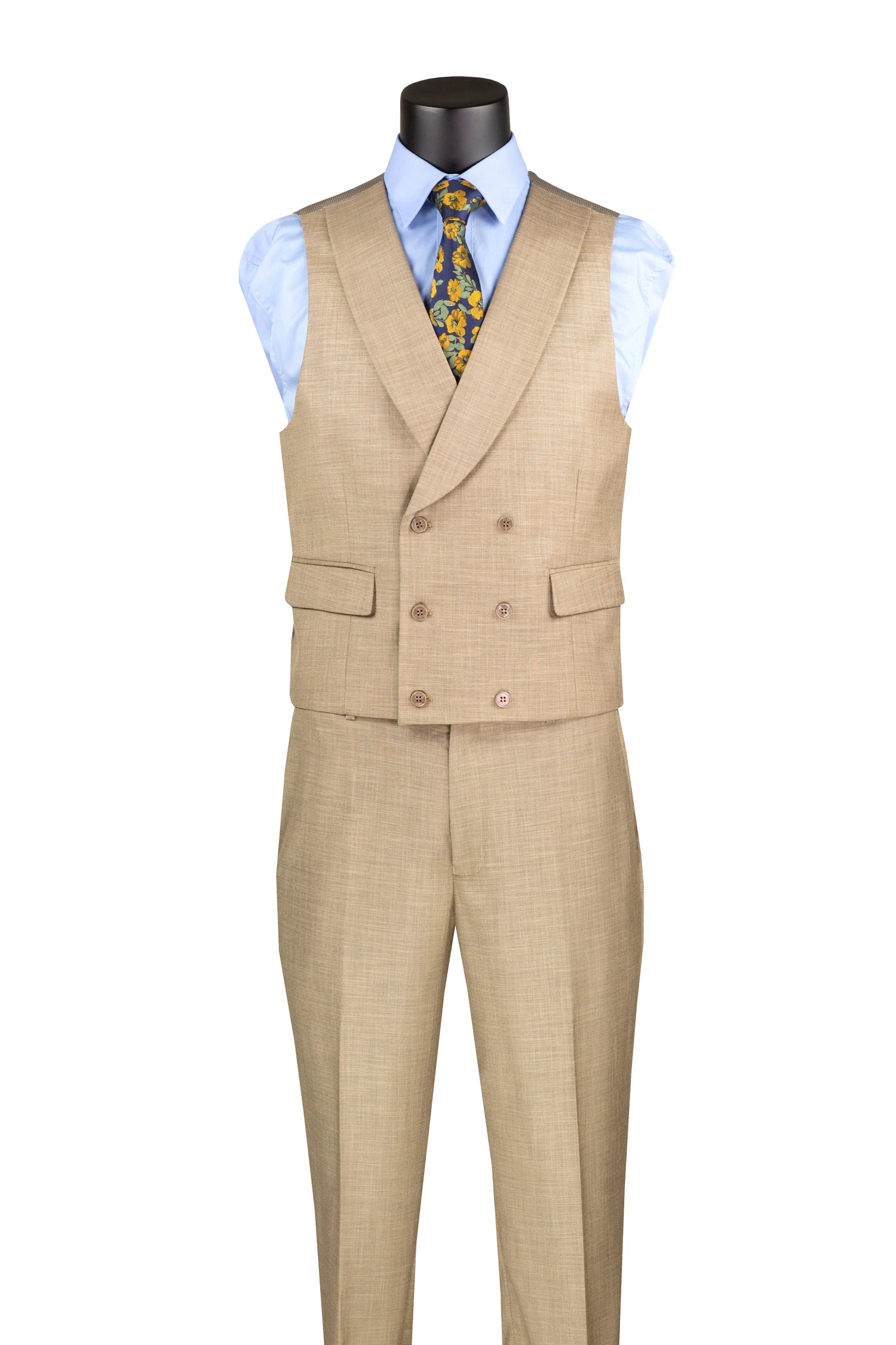 Taupe modern fit 3-piece suit shown with lapel vest and pants, no jacket