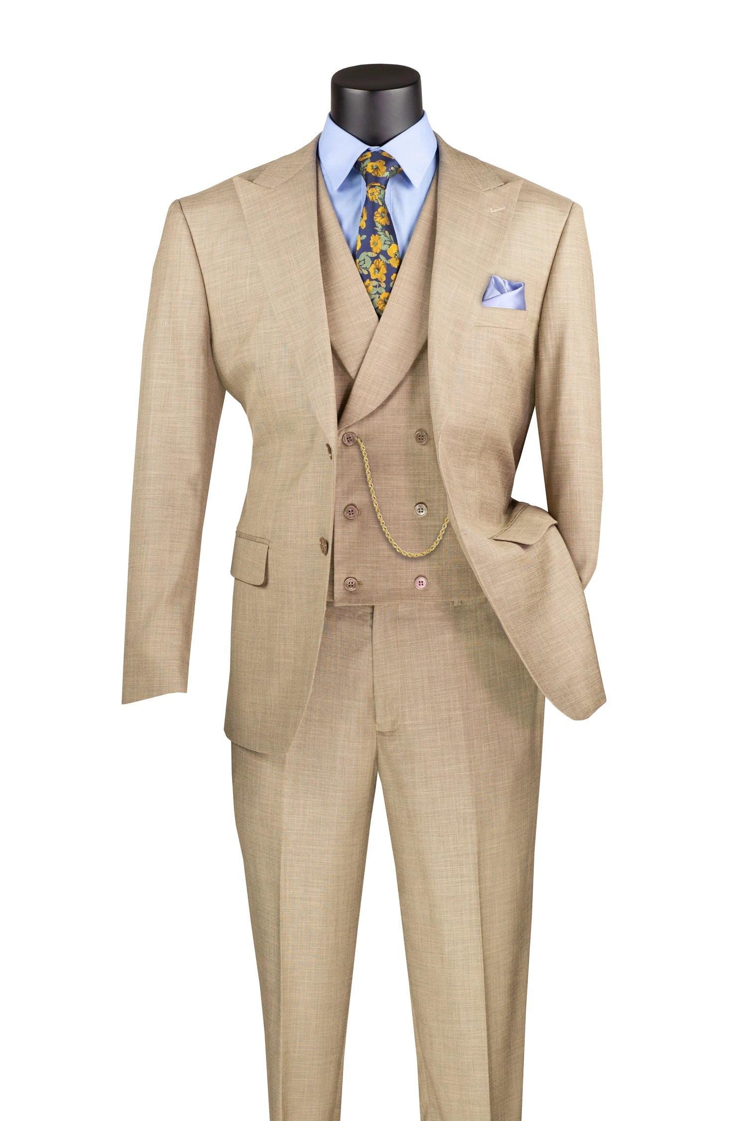 Taupe modern fit 3-piece suit shown with lapel vest and pants