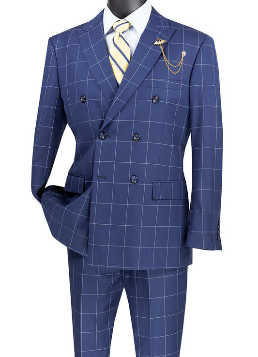 Verona Collection – Blue Modern Fit Double-Breasted Windowpane Suit