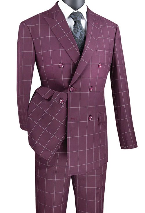 Verona Collection – Wine Modern Fit Double-Breasted Windowpane Suit - Upscale Men's Fashion