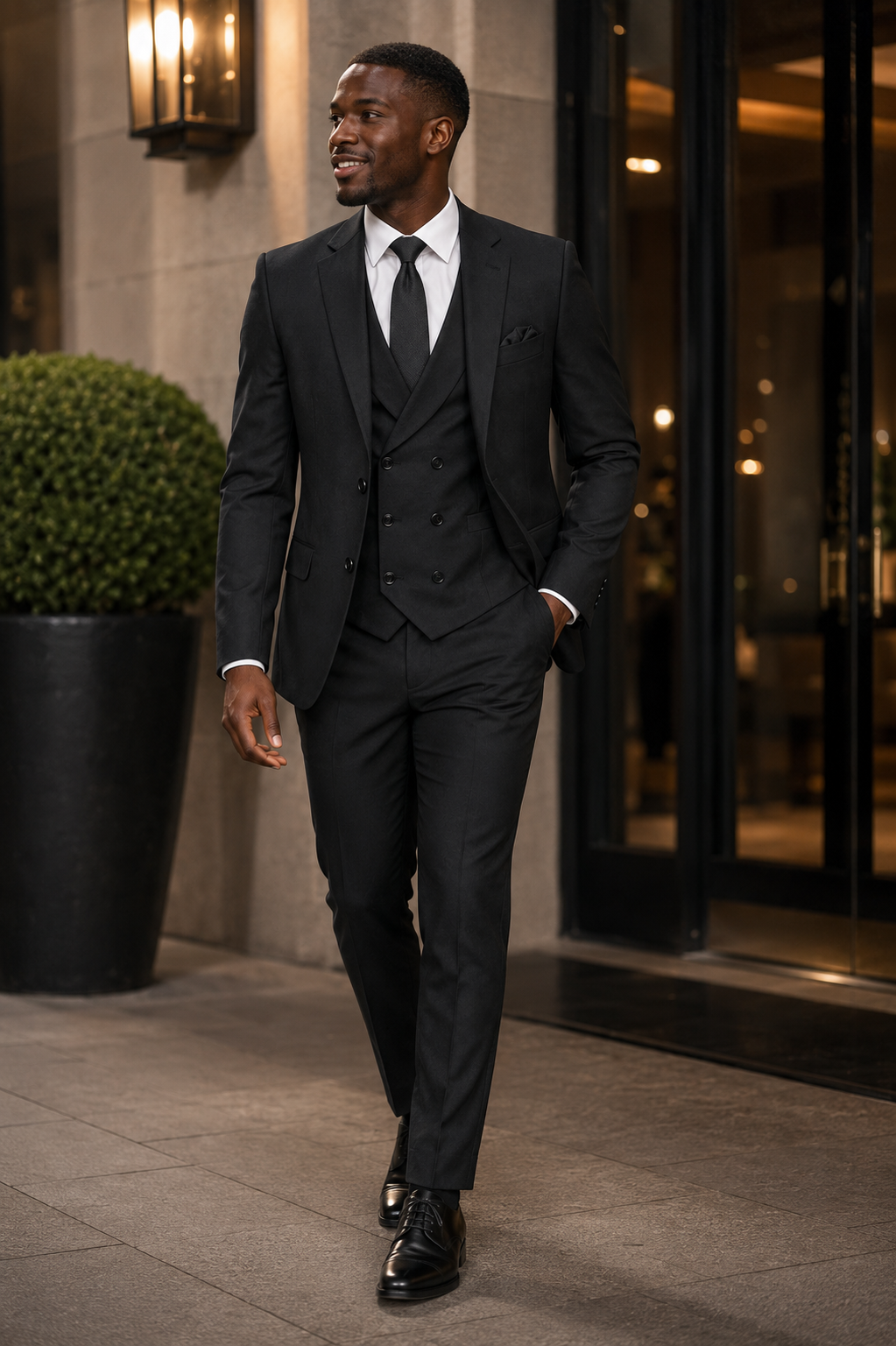 Men's Black Modern Fit Three-Piece Suit Lifestyle 2 - Altavilla Collection