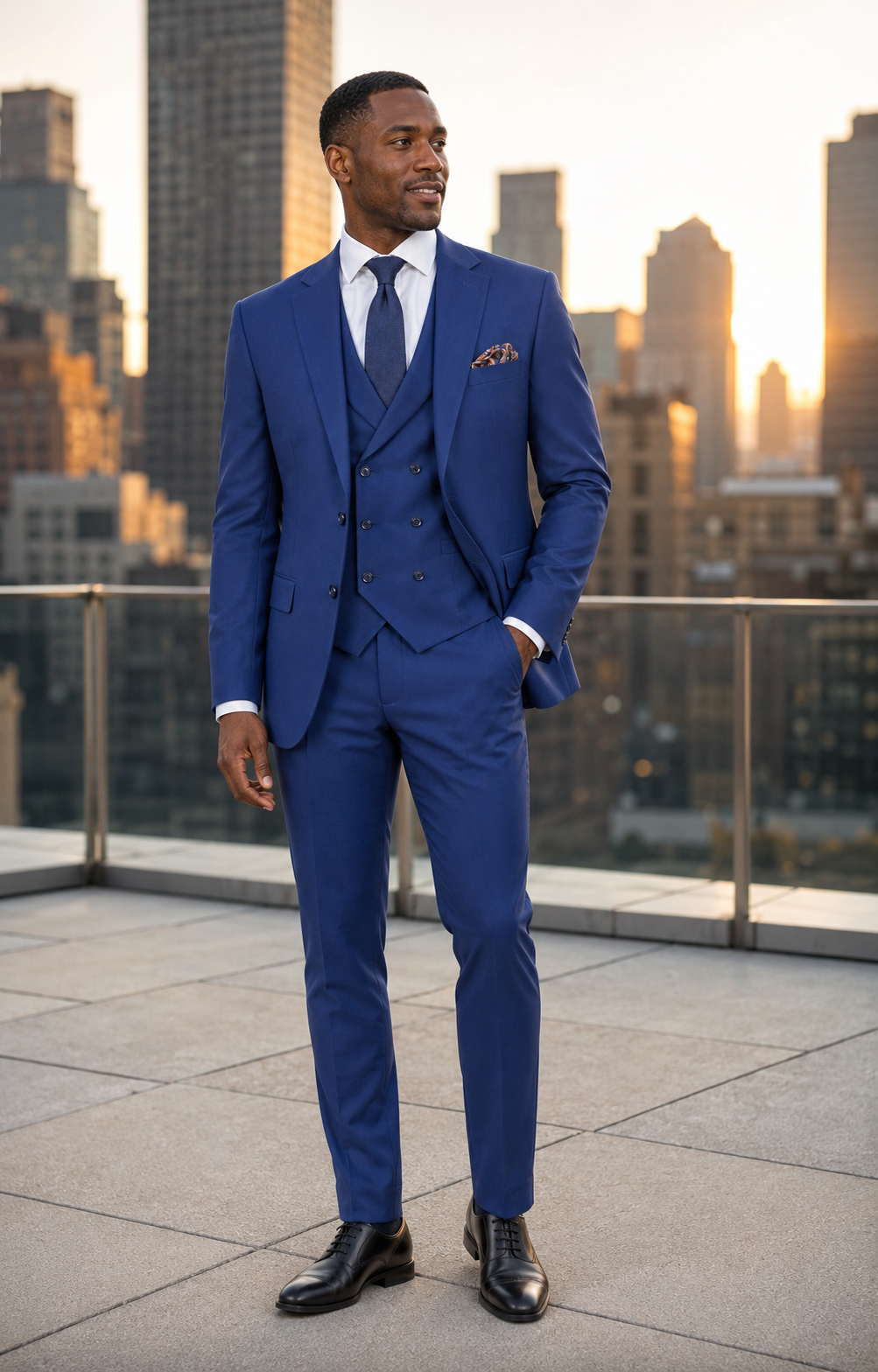 Men's Blue Modern Fit Three-Piece Suit Lifestyle 1 - Altavilla Collection