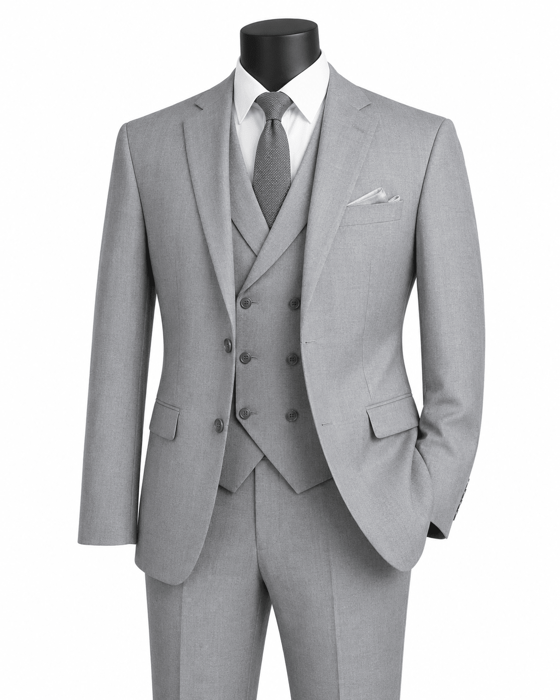 Men’s Light Gray Modern Fit 3-Piece Suit with Double-Breasted Vest – Altavilla Collection - Upscale Men's Fashion