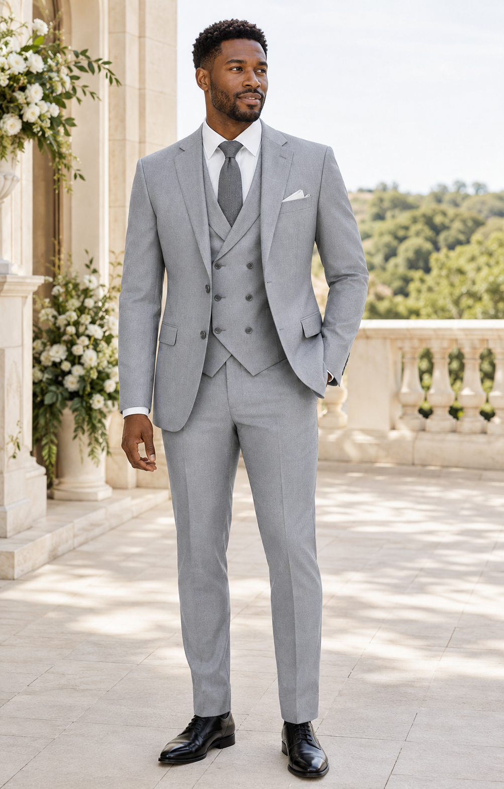 Men's Light Gray Modern Fit Three-Piece Suit Lifestyle 1 - Altavilla Collection