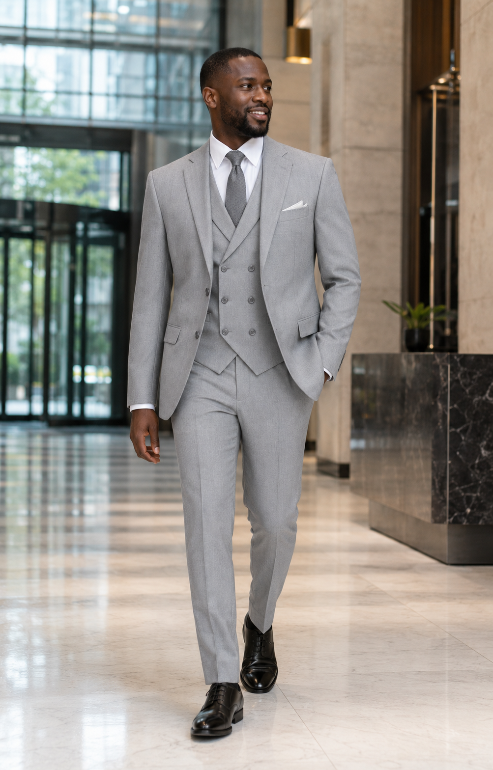 Men's Light Gray Modern Fit Three-Piece Suit Lifestyle 2 - Altavilla Collection