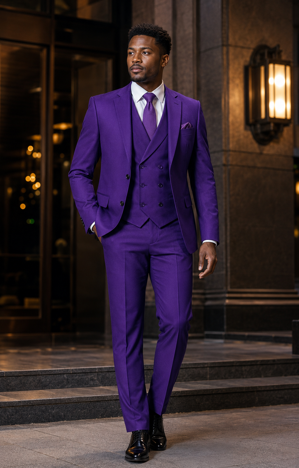Men's Purple Modern Fit Three-Piece Suit Lifestyle 1 - Altavilla Collection