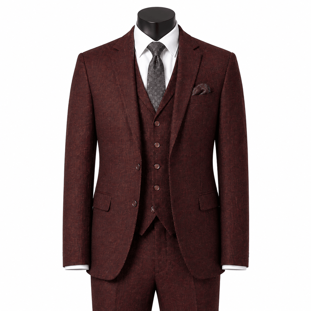 Men's Burgundy Hybrid Fit 3-Piece Tweed Suit | Alveron Collection - Upscale Men's Fashion